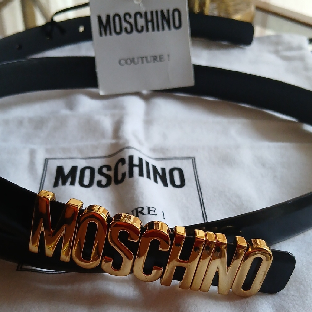 Moschino Black Belt with Gold Lettering